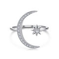 Anillo abierto de plata de ley S925 con diseños brillantes de estrella y luna creciente - Abierto Ajustable / Oro Blanco