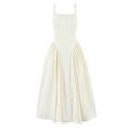 Robe midi élégante à carreaux beige avec encolure carrée et taille ajustée évasée - S / Jaune clair