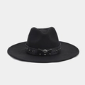 Detail of black wool fedora with silver bull head buckle and metallic rivet band - M (56-58cm) / Silver Steer Skull and Vintage Rivet Style (Color 13#)