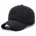 Winter wool baseball cap with ear protection in black color and side metal R logo - Adjustable / Black