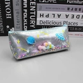Holographic space planet pencil case with colorful pom-poms and cosmic ufo print - Pencil Case Blue