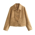 Front view of a camel suede lapel jacket with decorative stitching on white background - S / Earthy Yellow