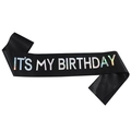 Elegante banda de cumpleaños de satén negro con letras plateadas holográficas IT'S MY BIRTHDAY - Negro Holográfico
