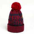 Detail of navy knit Christmas hat with red pom-pom and Merry Christmas lettering - Red & Navy