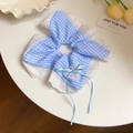 Blue and white plaid scrunchie with lace edge and ribbon heart on white surface - Blue Lace Heart (88# Hair Ring)