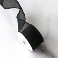 Detailed top view of 4cm black mesh linen ribbon with wired edges on marble surface - 4cm Wide x 5 Yards Long / Black