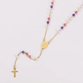 Colorful pearl rosary necklace with purple beads and golden metal cross pendant - Multicolor 2 (Purple Pink White)