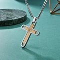 Two-tone silver and gold stainless steel cross pendant necklace with sparkling crystal - Two-Tone Pendant + Steel Chain