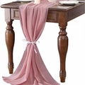 Elegant dusty pink chiffon table runner tied with white ribbon on dark wood surface - 72*304cm / Dusky Pink