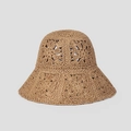 Détail de motifs floraux ajourés crochetés à la main sur un chapeau de paille marron - M(56-58cm) / Kaki