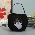 Black velvet Halloween candy bag with purple handle and cute white ghost embroidery - Medium Ghost
