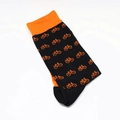Close-up of knit cotton socks with orange bicycle patterns and contrast rib cuffs - One Size / Bicycle Pattern (A174)