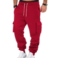 Red fleece cargo sweatpants for men with side flap pockets and drawstring hem - S / Red
