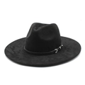 Close-up of a black wide-brim felt fedora featuring a sleek decorative belt and silver buckle - M (56-59cm) / Black Suede