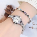 Elegant silver metal quartz watch with Roman numerals and matching gemstone bracelet - Silver White Dial