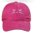 Close-up of cute cat face embroidery on rose red washed cotton baseball cap - One Size / Rose Red
