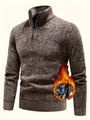 Maglione da uomo in maglia marrone-grigio con fodera in pile e mezza zip a lupetto - M / caffè