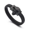 Men's punk braided leather bracelet with matte black stainless steel skull clasp - 19cm Black