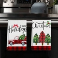 Set of 2 red plaid Christmas kitchen towels with festive truck and tree prints - Red Grid Edge Holiday Style (MJBT66-64) / 2 Pieces/Pack (40*60cm)