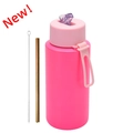 1L rose pink vacuum insulated stainless steel water bottle with straw and cleaning brush set - 1 L / Pop-up Straw Lid / Light Pink + Fluorescent Rose