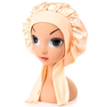 Kids champagne gold satin sleep cap with a large bow and long ribbons for hair care - One Size / Champagne