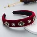 Detail of red velvet headband featuring grey crystals and pearls in vintage style - Red