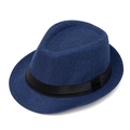 Classic dark blue woven fedora summer hat with elegant black decorative ribbon band - Navy Blue