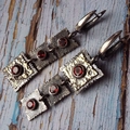 Vintage triple square silver drop earrings with red stones and 925 silver stamp - Gold