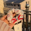 Alline hair scrunchie with red blue checkered pattern and ribbon bow decoration - Pink Blue Plaid Scrunchie with Red Bow and Blue Button