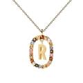 Macro shot of gold letter R pendant with colorful zircon stones on a fine link chain - Letter R