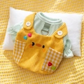 Cute yellow corduroy dog overalls with green striped shirt for small pets and cats - M / Yellow Chick