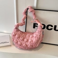 Pink quilted cloud shoulder bag with ruffled strap and soft textured fabric finish - Korean Pink