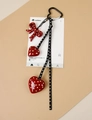 Red polka dot bow and heart charm keychain with black heart carabiner clip on leather strap - Love Heart Black Rope Style