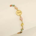 Gold Evil Eye beaded bracelet with letter I engraved charm and colorful enamel beads - Letter I