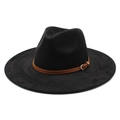 Classic black wide brim fedora hat with brown leather buckle strap decoration - M (56-59cm) / Black Suede