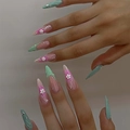 Lange Stiletto-Kunstnägel mit 3D-Blumen, Minzgrün und Pink-Lila Farbverlauf-Designs - Kleber-Typ / Minzgrün Rosa Floraler Stil (CJCY-598)