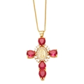 Collar de cruz dorada con piedras rojas y colgante de la Virgen María con circón - Rojo