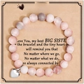 Pink and grey natural stone beaded bracelet with silver heart charm on card - Pink Zebra + To My Big Sister Card