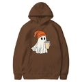 Dark brown Halloween hoodie featuring a ghost with an orange hat holding a coffee cup - Coffee