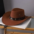 Detail view of brown suede cowboy hat with leather band and metal floral studs - Adult (55-60cm) / Dark Brown