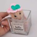 Pink handmade knitted hamster hat with a green bow and adjustable white strap - Pink Hat