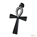 Polished black Ankh cross pendant with sparkling white cubic zirconia stones on white base - Black Color With Zirconia No Chain (B0520-3)