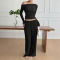 Women's chic black two-piece lounge set with off-shoulder long sleeve top and wide-leg pants - S / Black