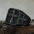 Detail of vintage black stainless steel ring with cross pattern and stone texture on wood - US 6 / Black