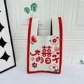 Red and white knitted handbag with floral heart patterns and festive Chinese text - Joyful Days Beige