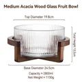 Medium glass fruit bowl with vertical stripes and acacia wood cross base 2800ml - Acacia Wood Stand Ribbed Salad Bowl (Medium)