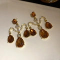 Vintage chandelier drop earrings with amber pear-shaped stones and gold plating - Vintage Chandelier Drop Earrings (45# Silver Earring Post - Gold & Coffee)