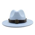 Detailed view of light blue fedora hat featuring a brown leather band and metal floral stud - Sky Blue