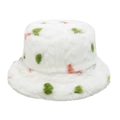 White faux fur bucket hat with colorful green and pink polka dots on white background - M (56-58cm) / White