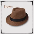 Close-up of coffee brown linen straw jazz hat with black ribbon detail and woven texture - M (56-58cm) / Coffee
